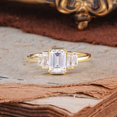 Emerald Cut Baguette Side Stones Moissanite Engagement  Ring